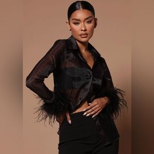 Sheer button down top with feather sleeves.